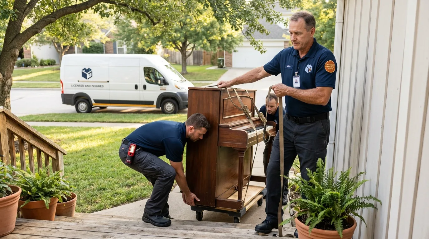 Licensed piano movers securing grand piano in Sherrills Ford, NC