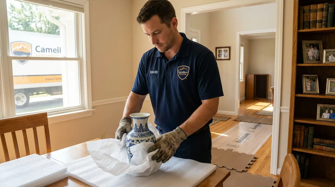 Professional crew carefully wrapping antique vase for senior downsizing move in Sherrills Ford, NC